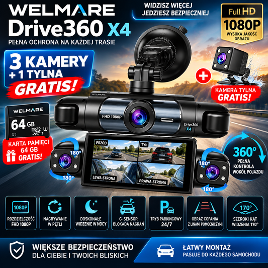 WELMARE Drive360 X4 - Wideorejestrator Samochodowy 4 Kamery 360° FHD 1080P | Night Vision | Tryb Parkingowy | G-Sensor