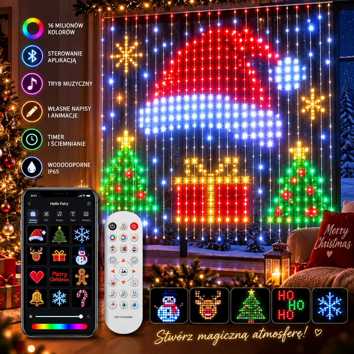 WELMARE Kurtyna Świąteczna LED – 400 RGB, Animacje, Muzyka i Sterowanie Aplikacją 🎄